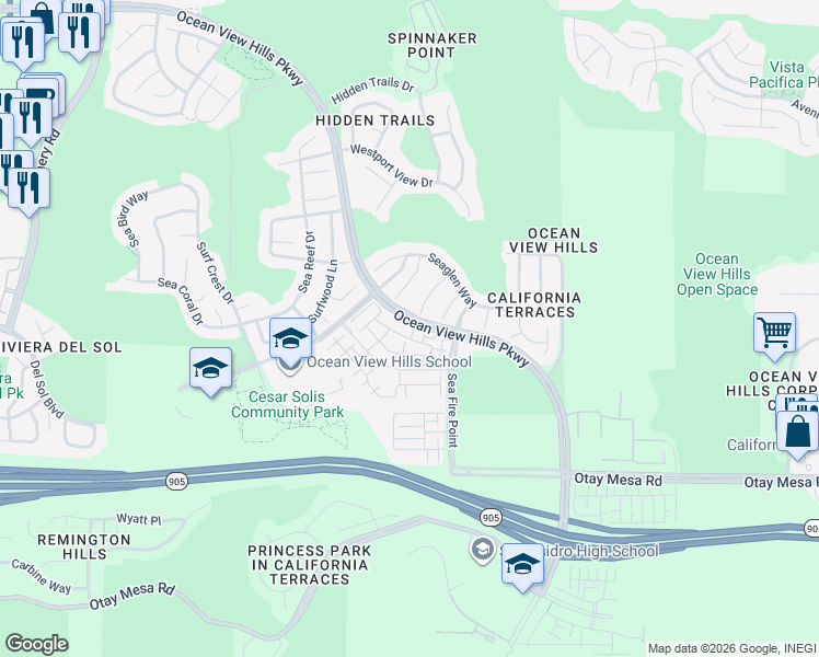 map of restaurants, bars, coffee shops, grocery stores, and more near 5402 Sand Arch Lane in San Diego