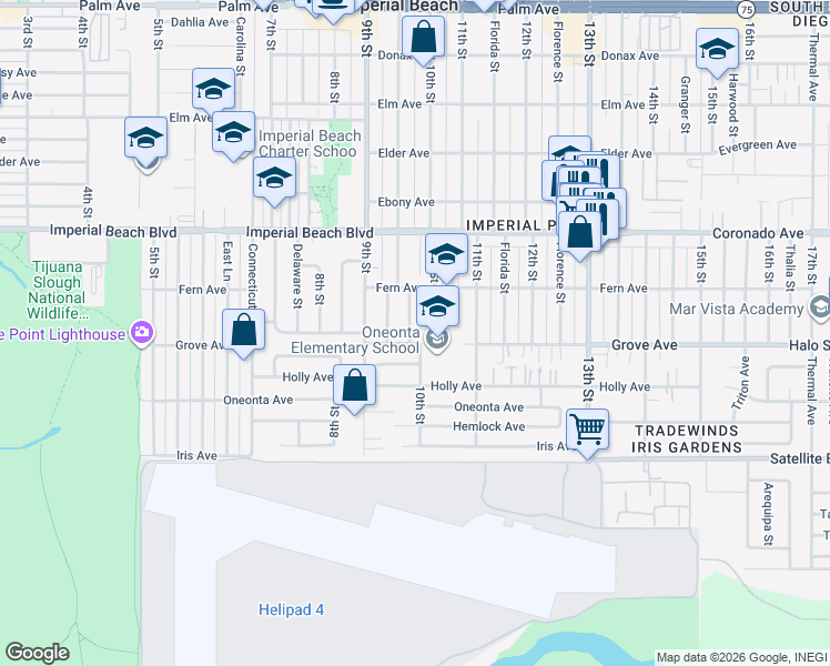 map of restaurants, bars, coffee shops, grocery stores, and more near 1231 Essex Street in Imperial Beach