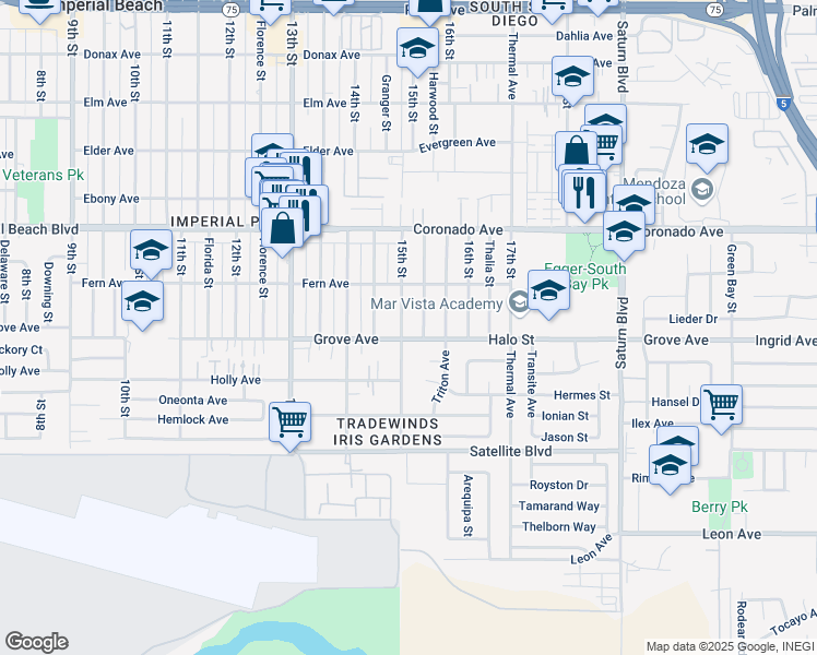 map of restaurants, bars, coffee shops, grocery stores, and more near 1277 15th Street in San Diego