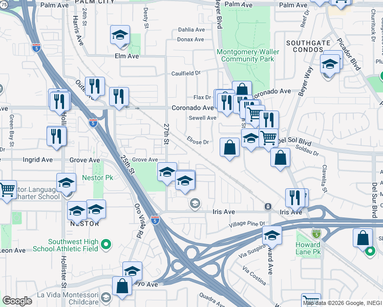 map of restaurants, bars, coffee shops, grocery stores, and more near 1291 27th Street in San Diego