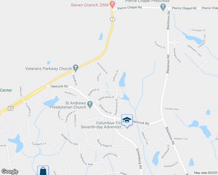 map of restaurants, bars, coffee shops, grocery stores, and more near 2981 Waterhill Drive in Columbus