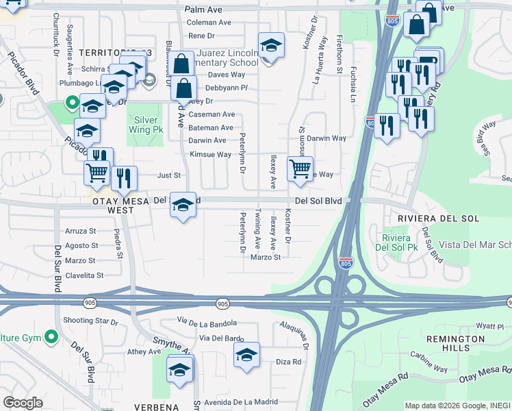 map of restaurants, bars, coffee shops, grocery stores, and more near 4161 Enero Street in San Diego