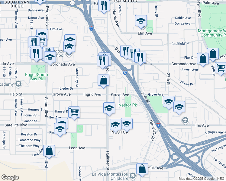 map of restaurants, bars, coffee shops, grocery stores, and more near 1233 Hollister Street in San Diego
