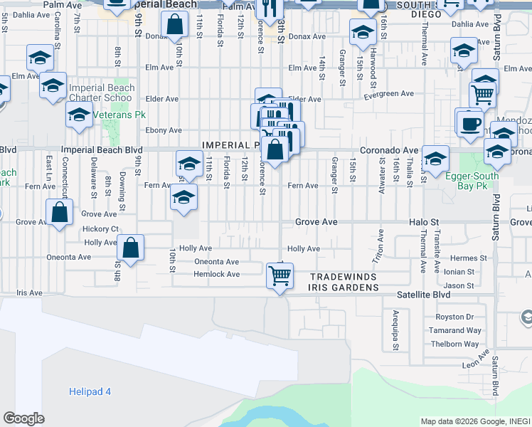 map of restaurants, bars, coffee shops, grocery stores, and more near 1241 Florence Street in Imperial Beach