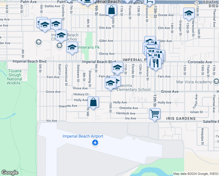 map of restaurants, bars, coffee shops, grocery stores, and more near 1231 Essex Street in Imperial Beach