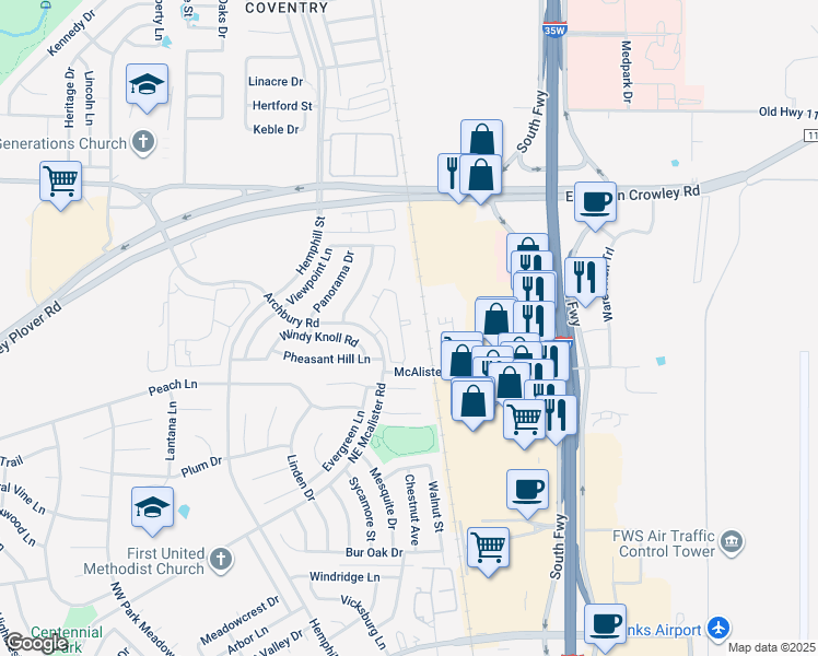 map of restaurants, bars, coffee shops, grocery stores, and more near 267 West Rendon Crowley Road in Burleson
