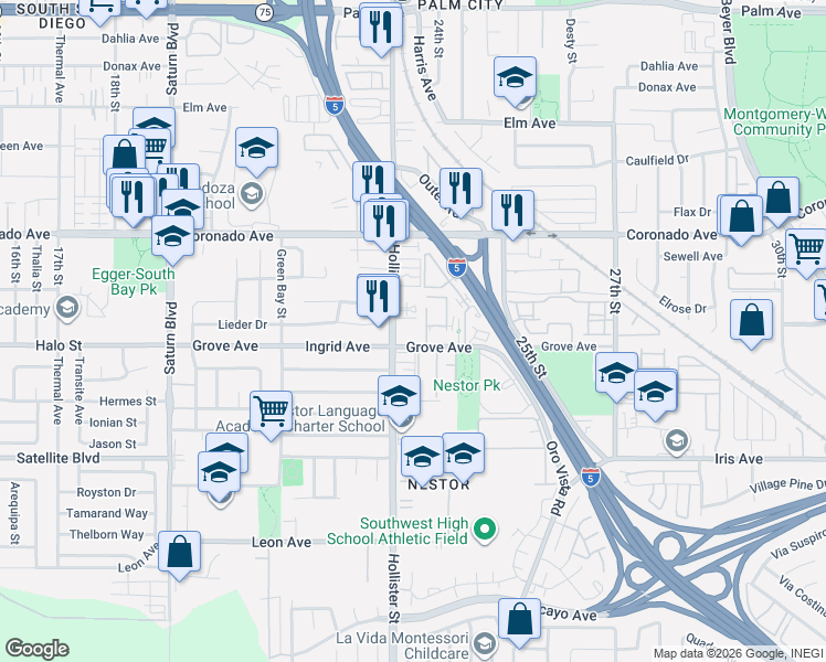 map of restaurants, bars, coffee shops, grocery stores, and more near 1233 Hollister Street in San Diego
