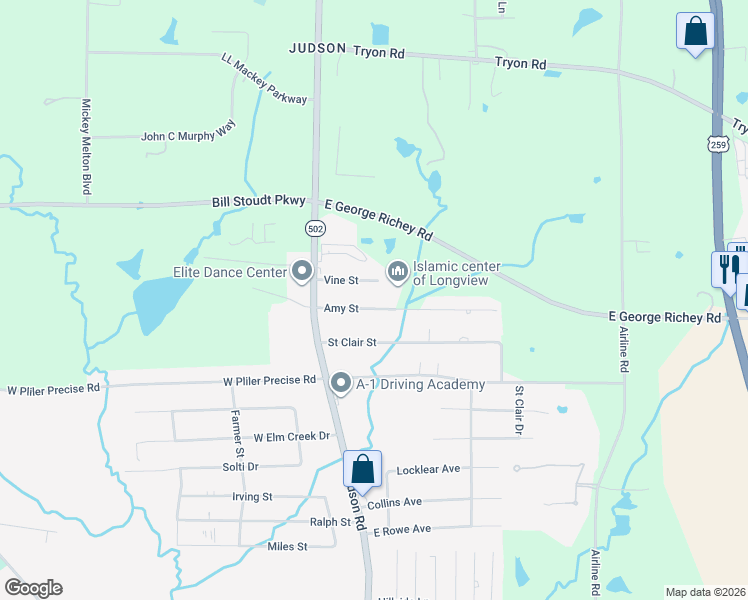 map of restaurants, bars, coffee shops, grocery stores, and more near 119 Amy Street in Longview
