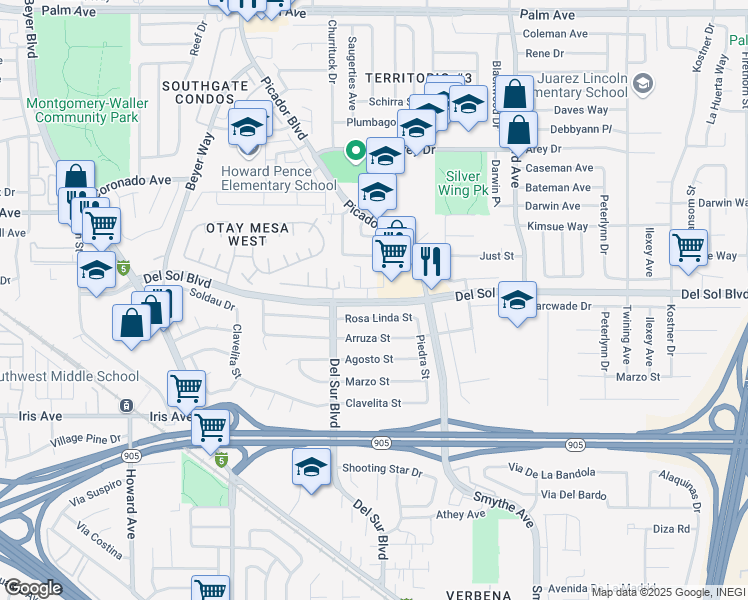 map of restaurants, bars, coffee shops, grocery stores, and more near 3630 Del Sol Blvd in San Diego
