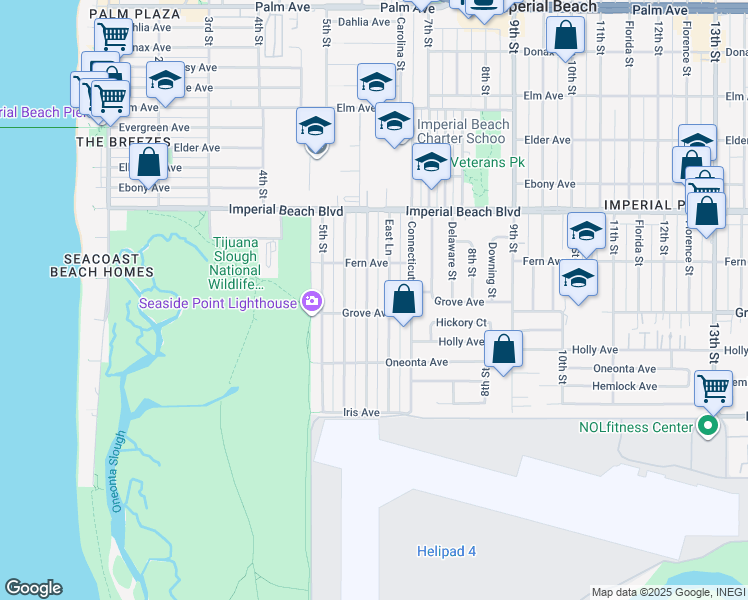 map of restaurants, bars, coffee shops, grocery stores, and more near 1231 East Lane in Imperial Beach