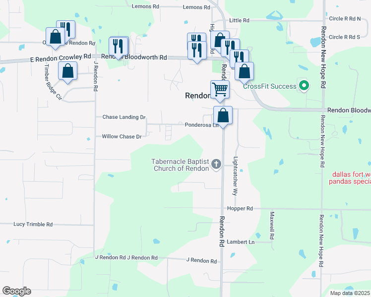 map of restaurants, bars, coffee shops, grocery stores, and more near 12350 Rendon Road in Burleson