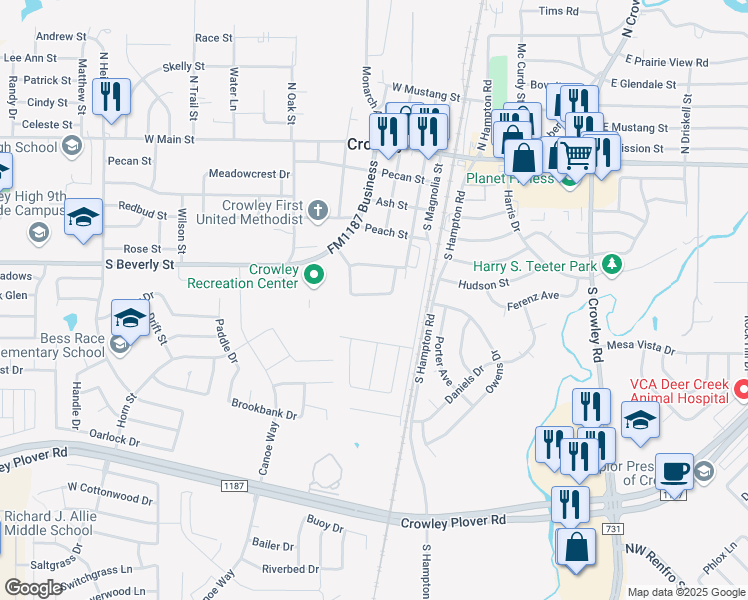 map of restaurants, bars, coffee shops, grocery stores, and more near 213 Robin Street in Crowley