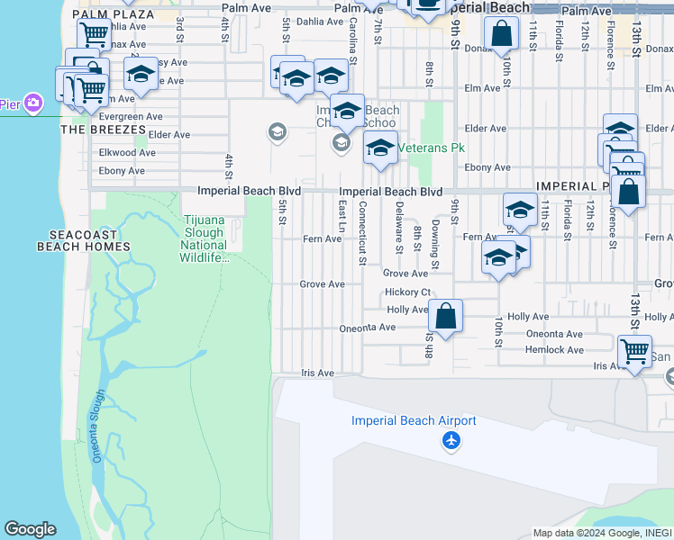 map of restaurants, bars, coffee shops, grocery stores, and more near 1250 East Lane in Imperial Beach