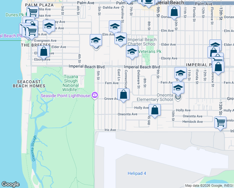 map of restaurants, bars, coffee shops, grocery stores, and more near 1250 East Lane in Imperial Beach