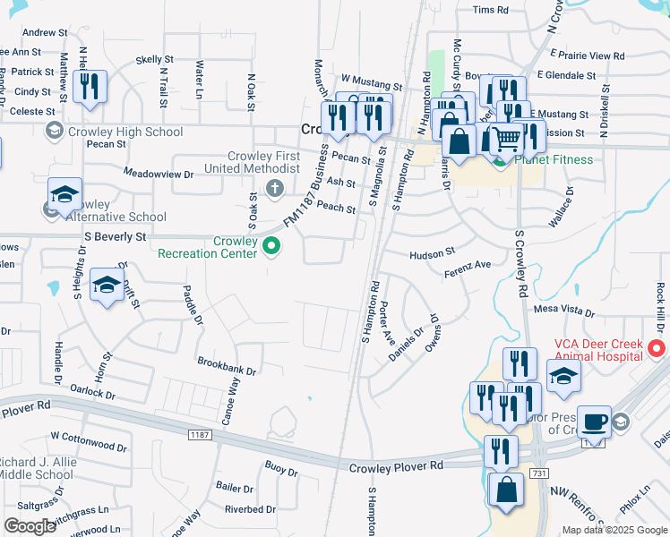 map of restaurants, bars, coffee shops, grocery stores, and more near 205 Robin Street in Crowley