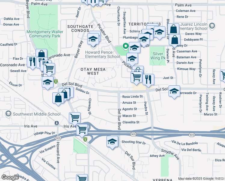 map of restaurants, bars, coffee shops, grocery stores, and more near 3516 Del Sol Boulevard in San Diego
