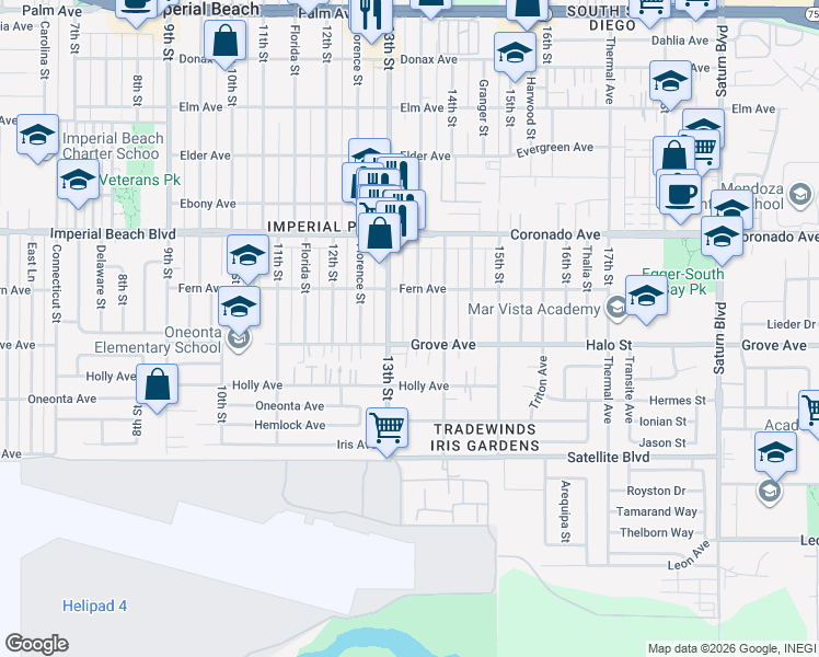 map of restaurants, bars, coffee shops, grocery stores, and more near 1234 Georgia Street in Imperial Beach