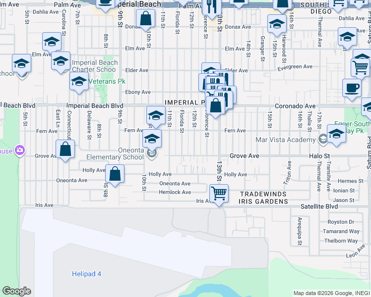 map of restaurants, bars, coffee shops, grocery stores, and more near 1236 12th Street in Imperial Beach