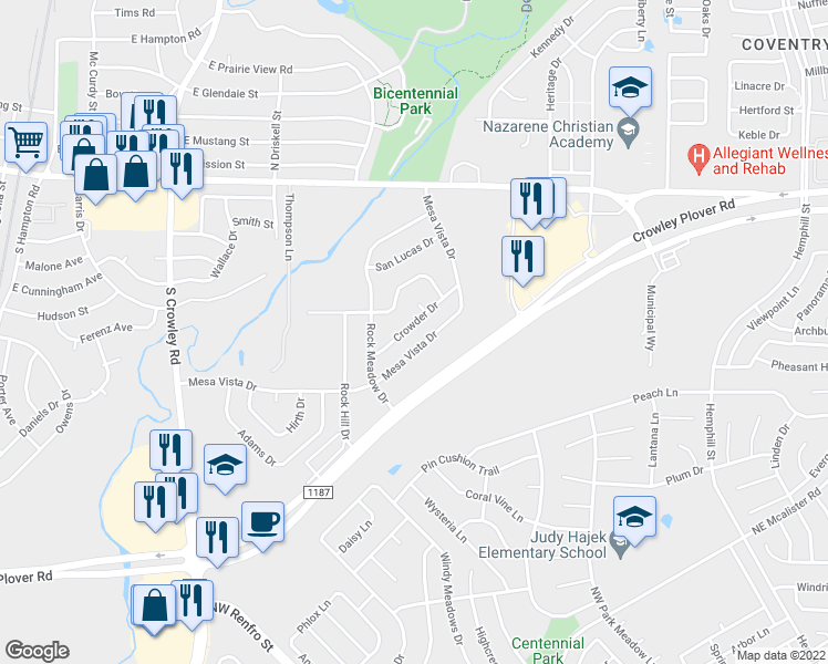 map of restaurants, bars, coffee shops, grocery stores, and more near 936 Crowder Drive in Crowley