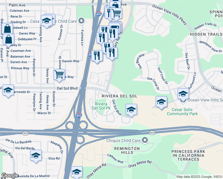 map of restaurants, bars, coffee shops, grocery stores, and more near 1276 Dennery Road in San Diego