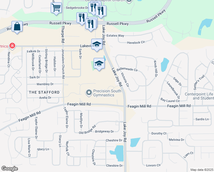 map of restaurants, bars, coffee shops, grocery stores, and more near 100 Lake Crossing Drive in Warner Robins