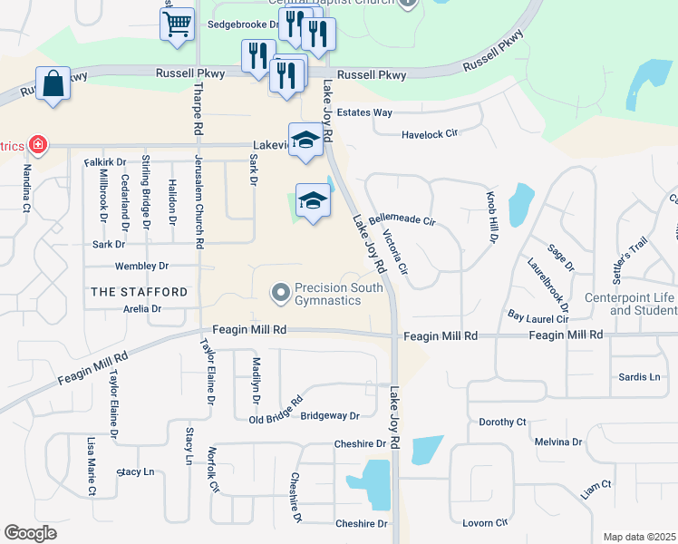 map of restaurants, bars, coffee shops, grocery stores, and more near 100 Lake Crossing Drive in Warner Robins