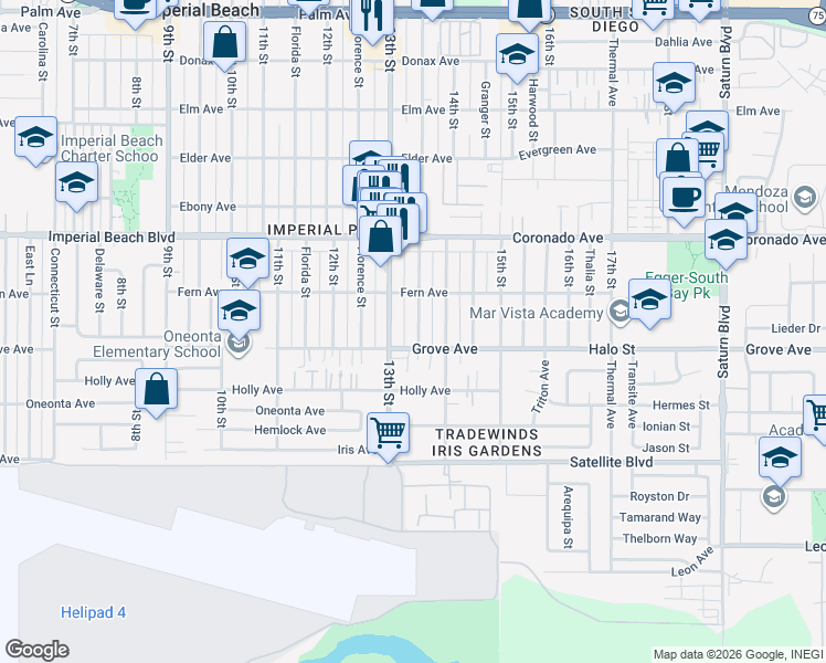 map of restaurants, bars, coffee shops, grocery stores, and more near 1234 Georgia Street in Imperial Beach