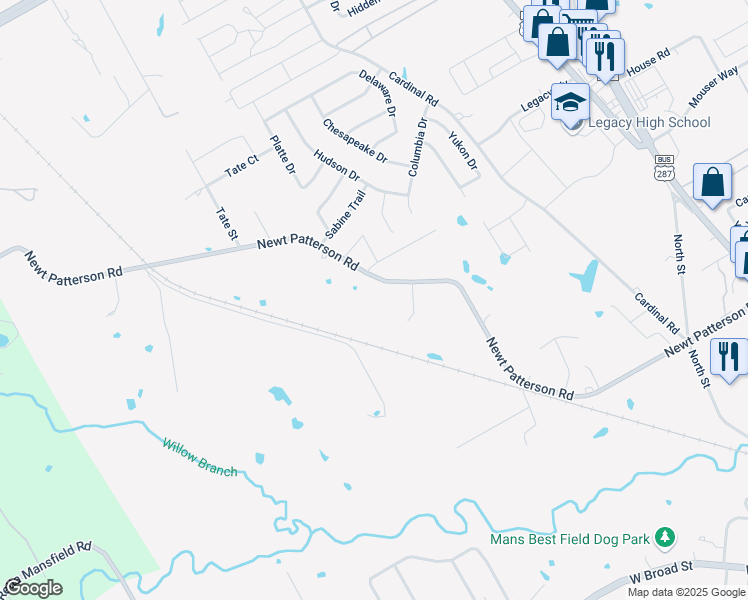 map of restaurants, bars, coffee shops, grocery stores, and more near 1127 Newt Patterson Road in Mansfield