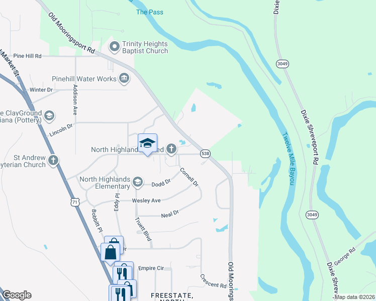 map of restaurants, bars, coffee shops, grocery stores, and more near 3525 Old Mooringsport Road in Shreveport