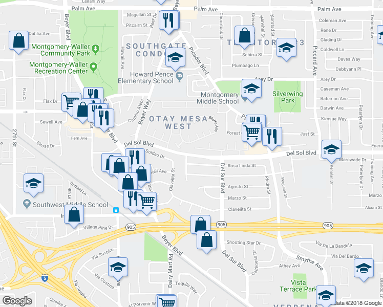 map of restaurants, bars, coffee shops, grocery stores, and more near 3434 Del Sol Boulevard in San Diego