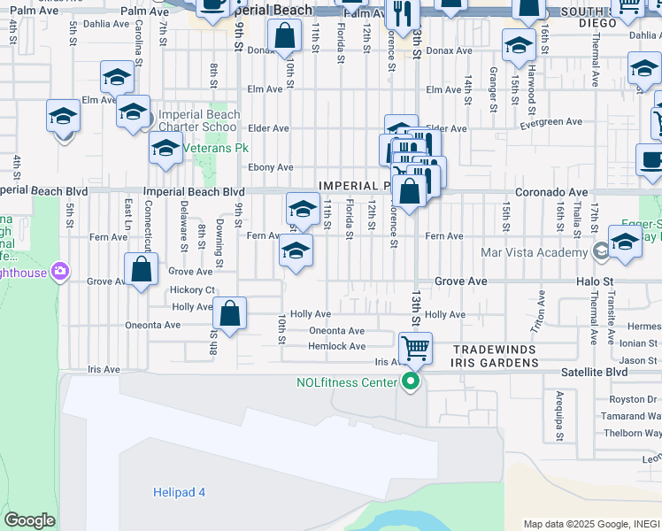 map of restaurants, bars, coffee shops, grocery stores, and more near 1231 11th Street in Imperial Beach