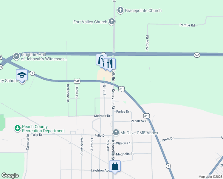 map of restaurants, bars, coffee shops, grocery stores, and more near 1607 Knoxville Street in Fort Valley