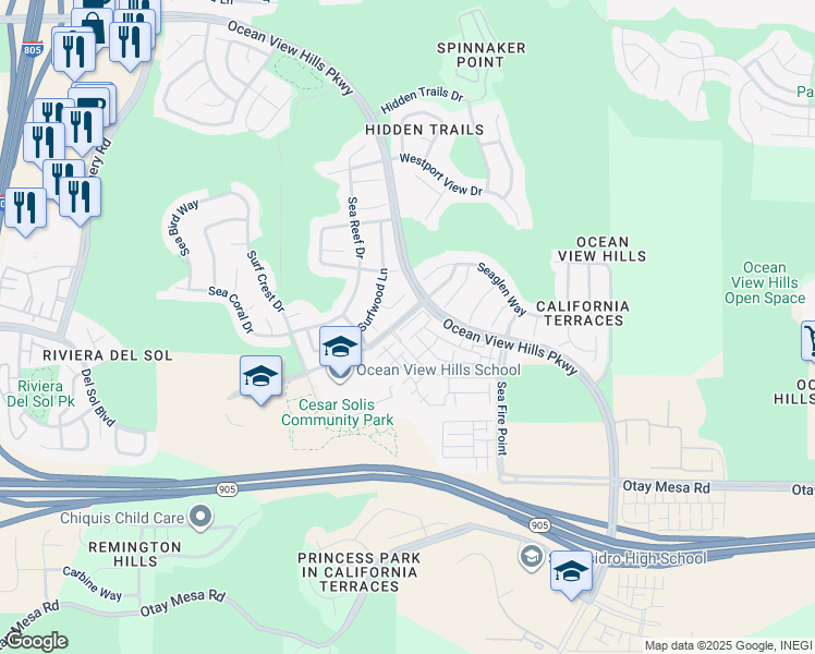 map of restaurants, bars, coffee shops, grocery stores, and more near 1320 Calle Sandcliff in San Diego