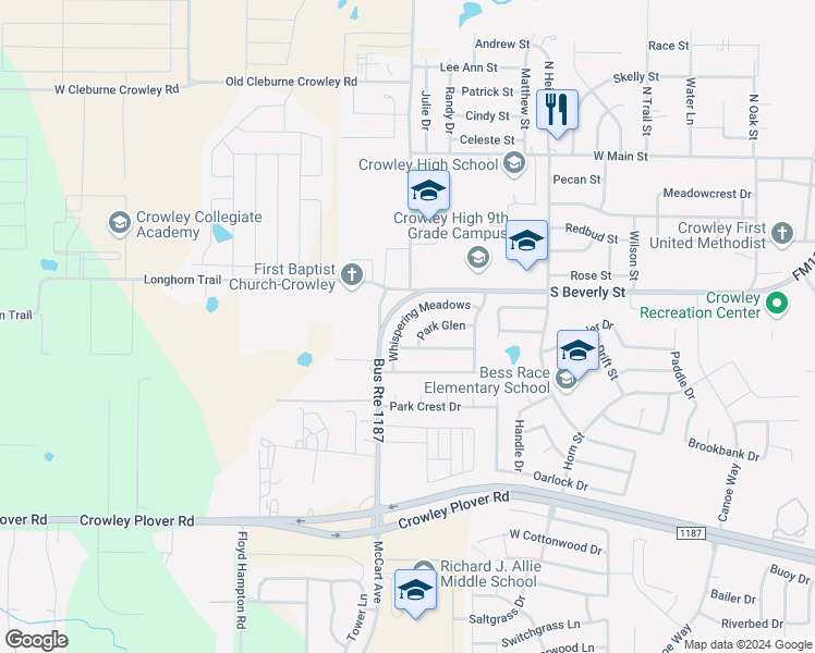 map of restaurants, bars, coffee shops, grocery stores, and more near 1167 Whispering Meadows in Crowley