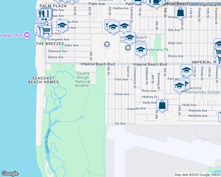 map of restaurants, bars, coffee shops, grocery stores, and more near 1261 5th Street in Imperial Beach