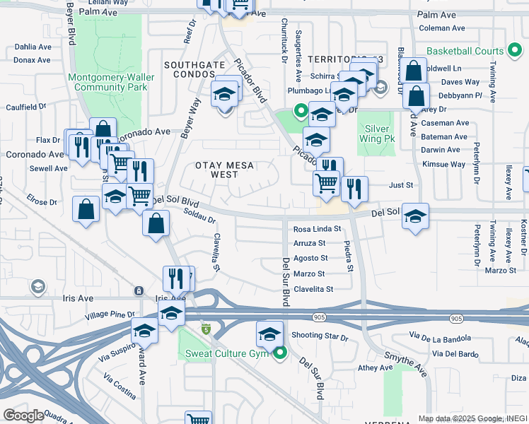 map of restaurants, bars, coffee shops, grocery stores, and more near 3434 Del Sol Boulevard in San Diego
