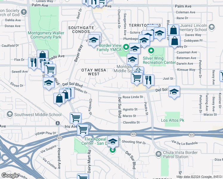 map of restaurants, bars, coffee shops, grocery stores, and more near 3474 Del Sol Boulevard in San Diego