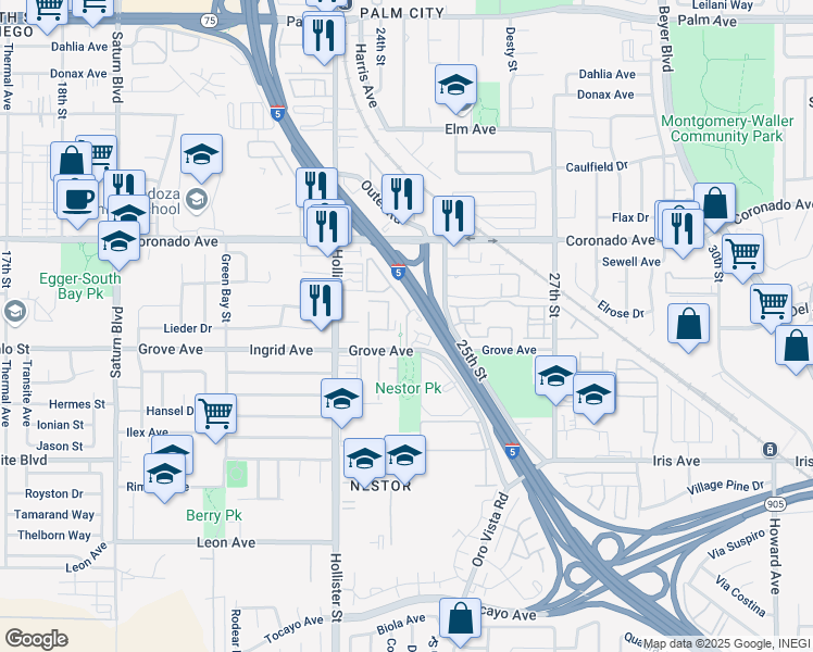 map of restaurants, bars, coffee shops, grocery stores, and more near 1177 Tesoro Grove Way in San Diego