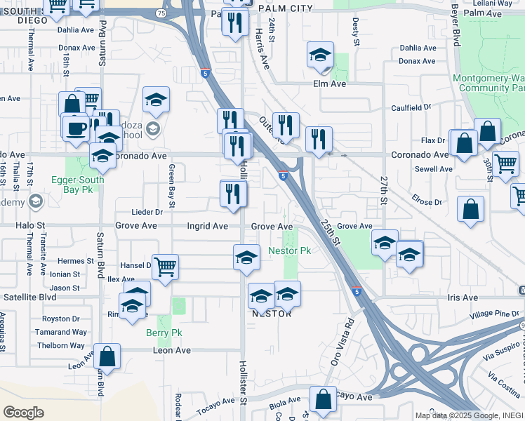 map of restaurants, bars, coffee shops, grocery stores, and more near 2330 Grove Avenue in San Diego
