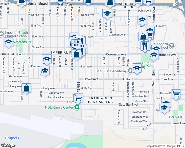 map of restaurants, bars, coffee shops, grocery stores, and more near 1226 14th Street in Imperial Beach