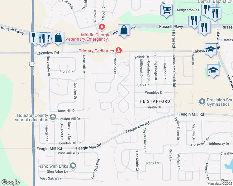 map of restaurants, bars, coffee shops, grocery stores, and more near 420 Nandina Court in Warner Robins
