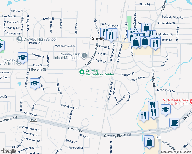 map of restaurants, bars, coffee shops, grocery stores, and more near 407 Amber Lane in Crowley