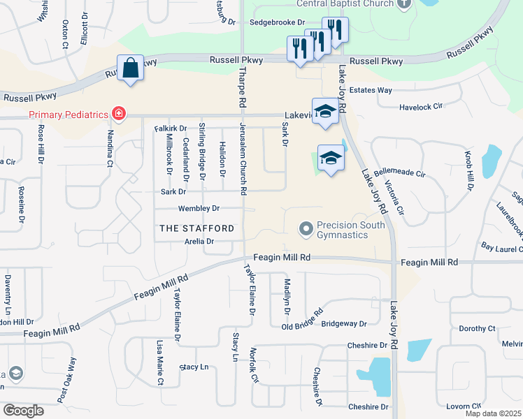 map of restaurants, bars, coffee shops, grocery stores, and more near 601 Sark Drive in Warner Robins