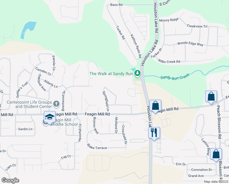 map of restaurants, bars, coffee shops, grocery stores, and more near 110 Morningdale Drive in Warner Robins