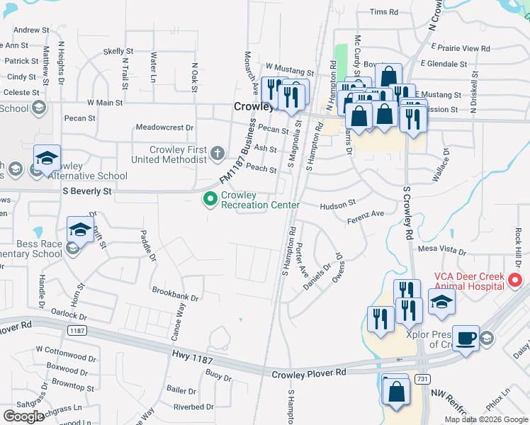 map of restaurants, bars, coffee shops, grocery stores, and more near 200 Robin Street in Crowley