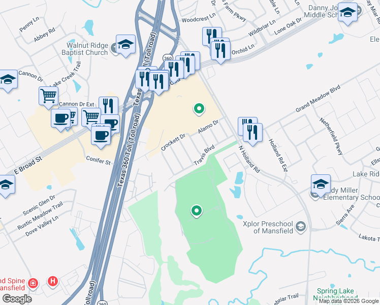 map of restaurants, bars, coffee shops, grocery stores, and more near 708 Bowie Lane in Mansfield