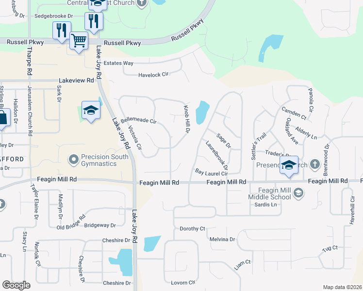 map of restaurants, bars, coffee shops, grocery stores, and more near 210 Knob Hill Drive in Warner Robins