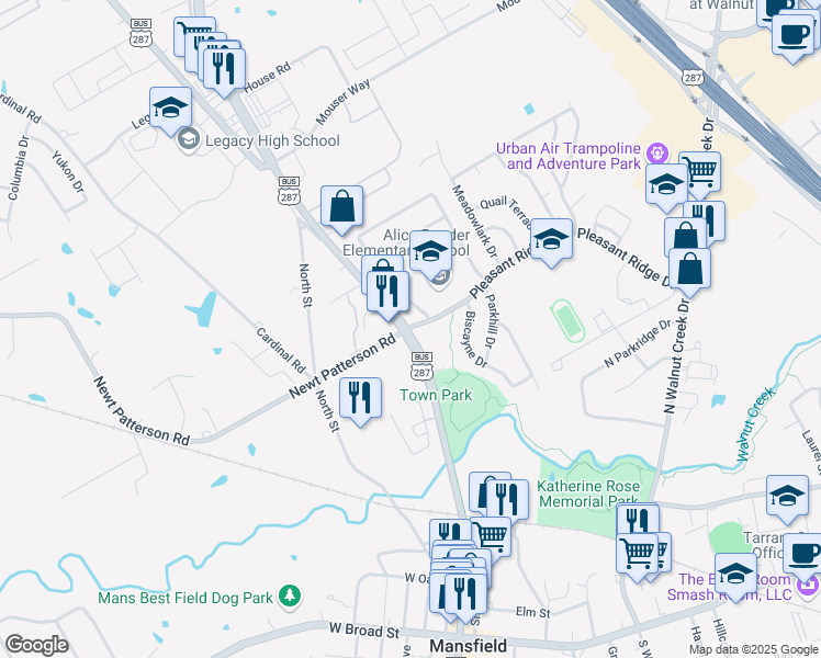 map of restaurants, bars, coffee shops, grocery stores, and more near 102 Pleasant Ridge Drive in Mansfield