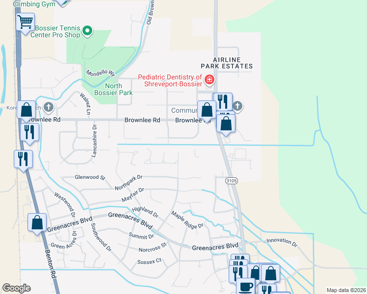 map of restaurants, bars, coffee shops, grocery stores, and more near 2610 Palmetto Drive in Bossier City