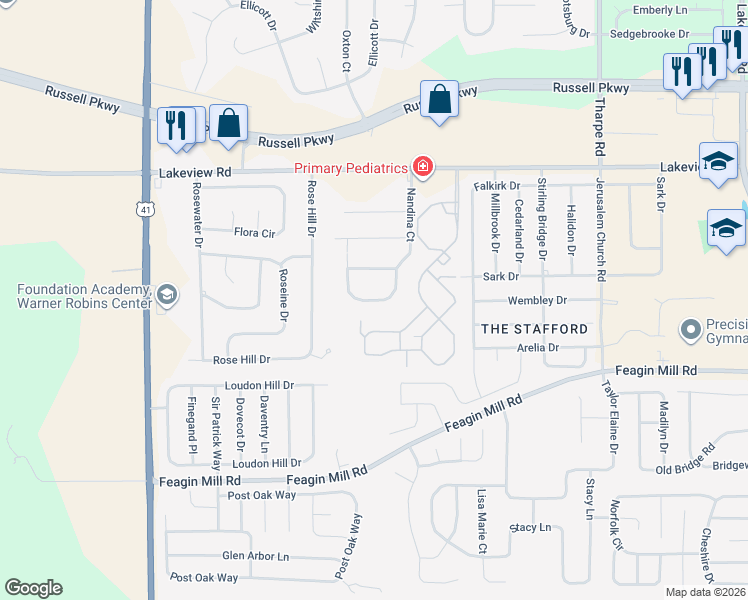 map of restaurants, bars, coffee shops, grocery stores, and more near 437 Nandina Court in Warner Robins